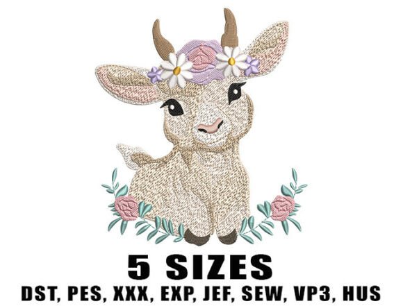 Baby Goat Floral Embroidery Design