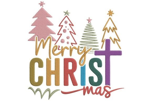 Merry Christmas with Trees and Cross Embroidery Design